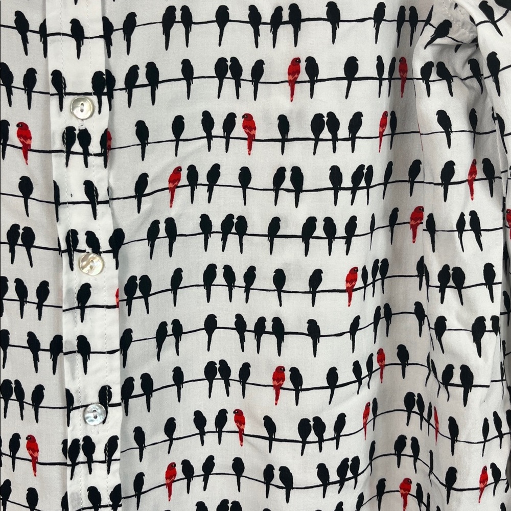 Jane & Delancey 100% rayon white with red and black birds, long sleeved button S - Picture 3 of 8